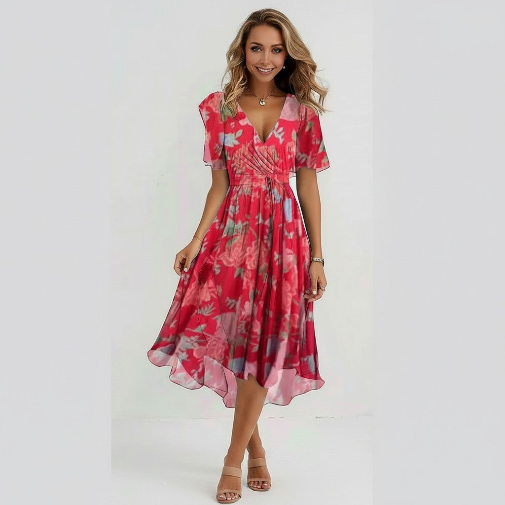 Elegant summer chiffon dress with a flattering V-neck and breezy printed design.