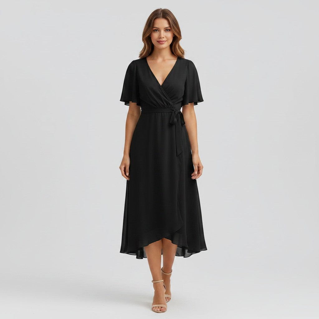 Elegant summer chiffon dress with a flattering V-neck and breezy printed design.