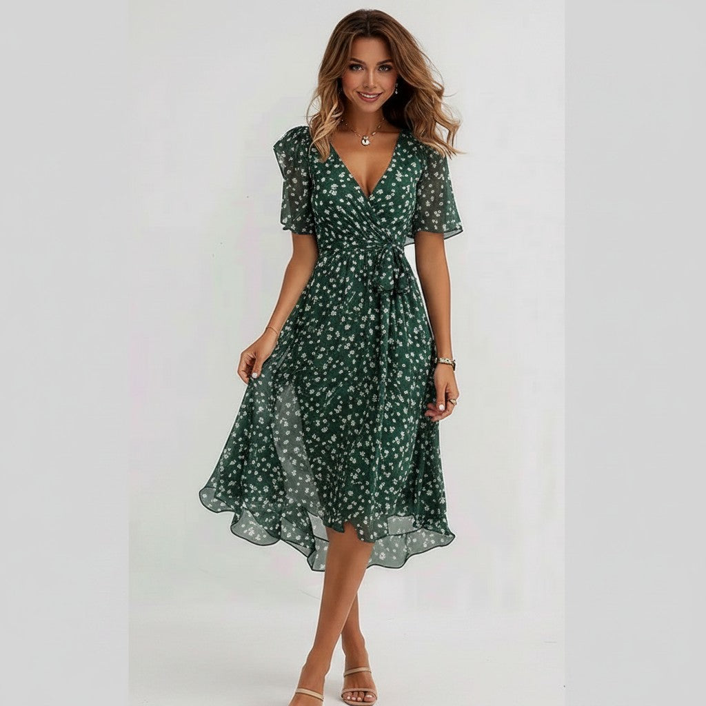 Elegant summer chiffon dress with a flattering V-neck and breezy printed design.