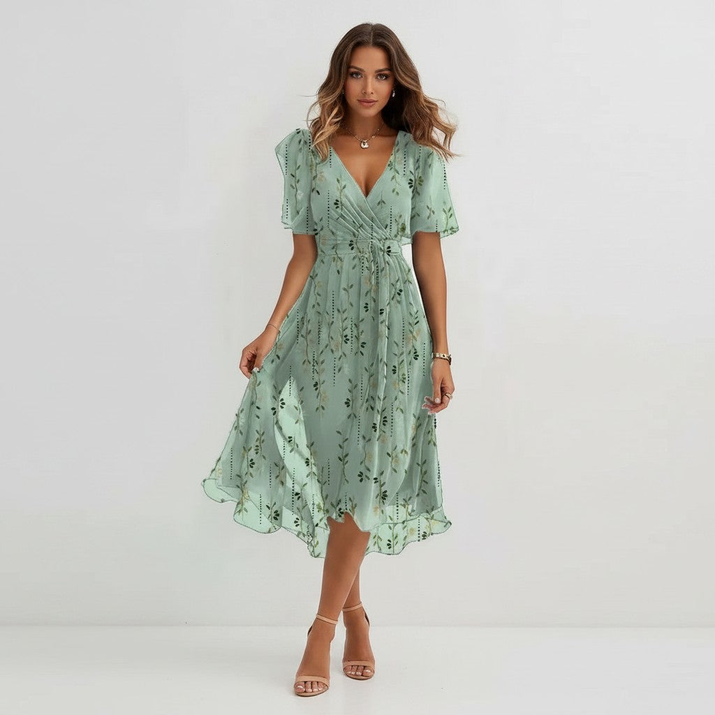 Elegant summer chiffon dress with a flattering V-neck and breezy printed design.