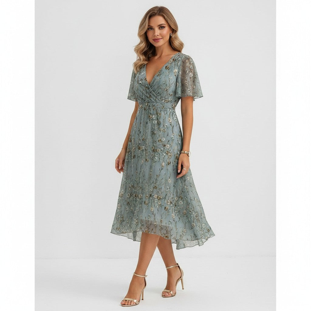 Elegant summer chiffon dress with a flattering V-neck and breezy printed design.