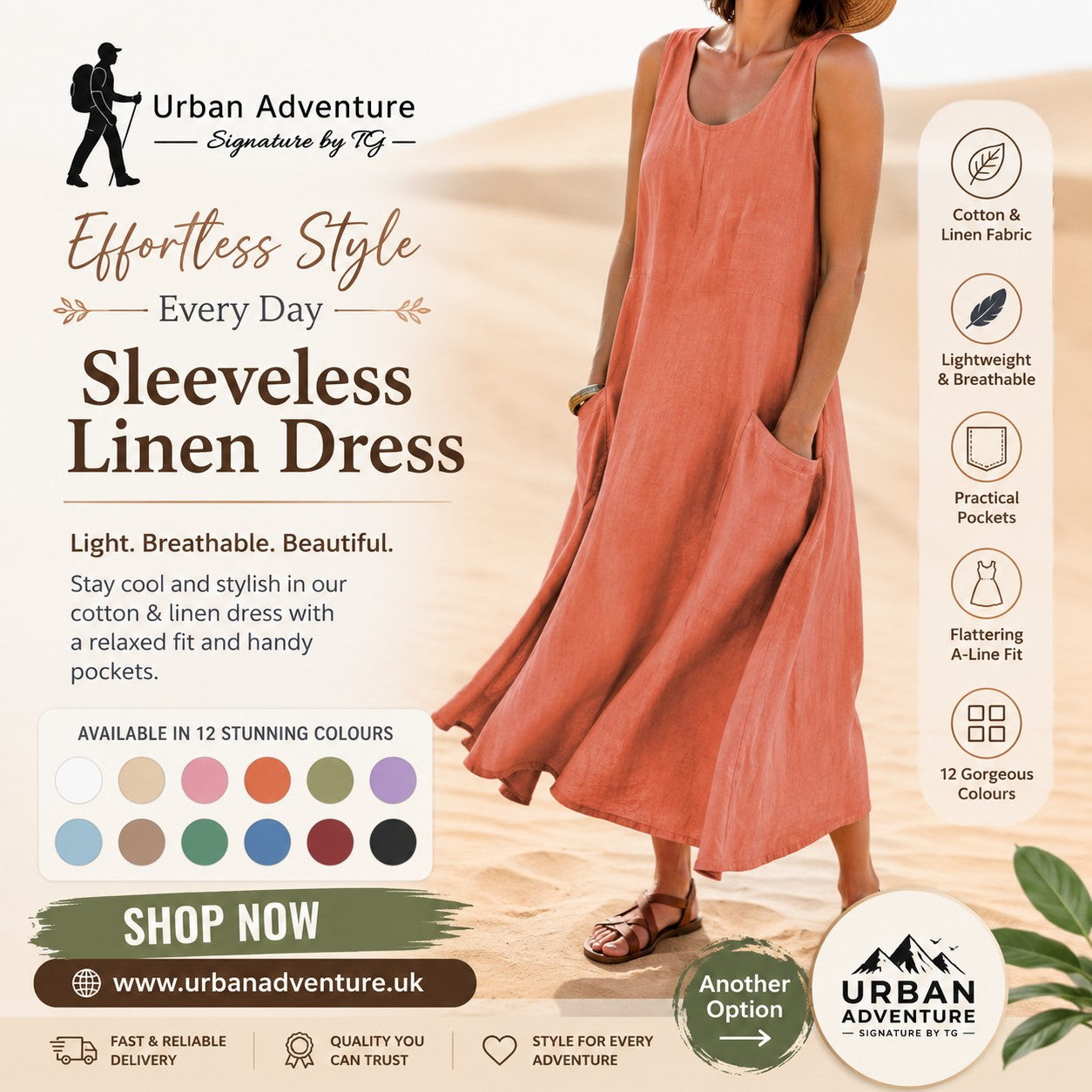 Sleeveless Cotton & Linen A-Line Maxi Dress with Pockets
