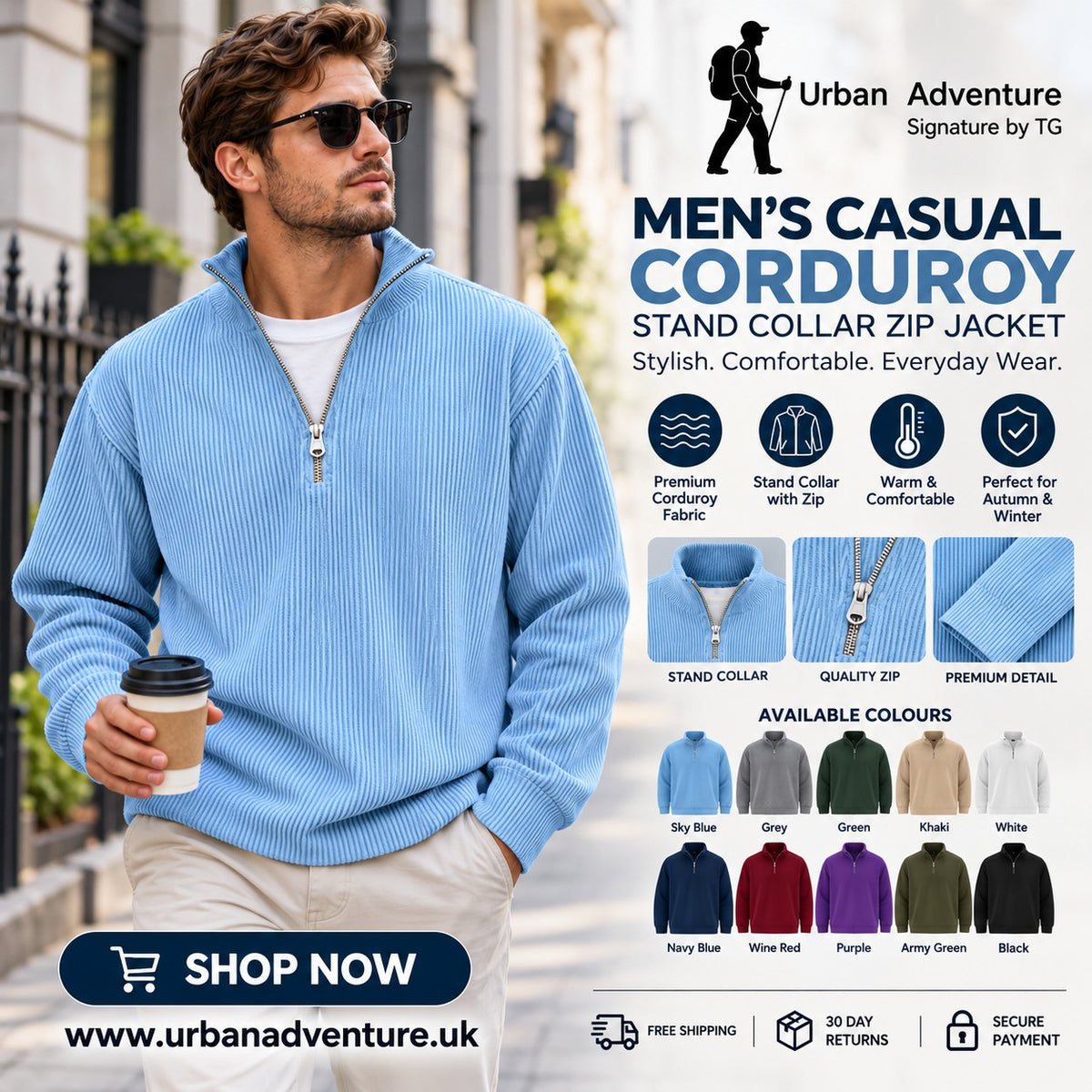 Men?s Casual Corduroy Stand Collar Zip-Up Jacket