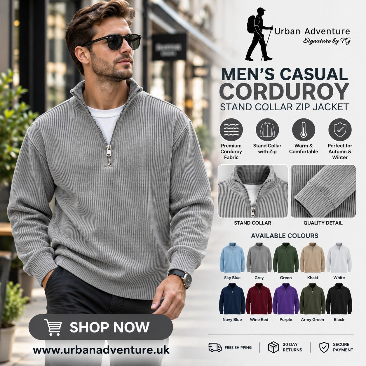 Men?s Casual Corduroy Stand Collar Zip-Up Jacket