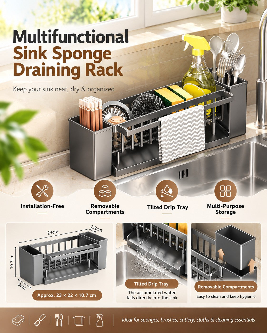 Multifunctional Sink Draining Rack & Countertop Kitchen Organizer