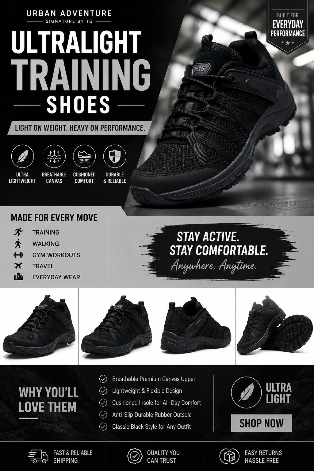 Ultralight Black Casual  Shoes - Lightweight Everyday Sneakers