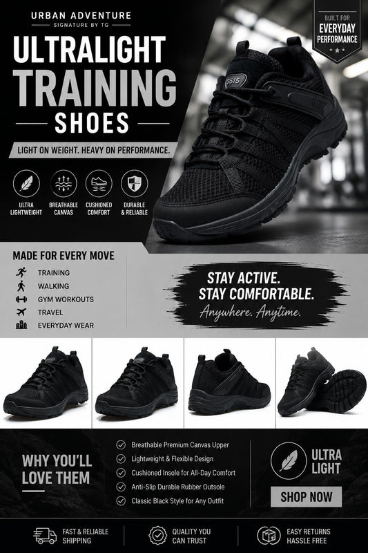 Ultralight Black Casual  Shoes - Lightweight Everyday Sneakers