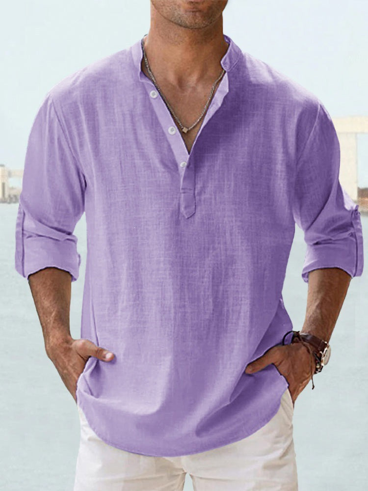 Men's Flax Collar Cotton/ Linen - Long Sleeve Shirt