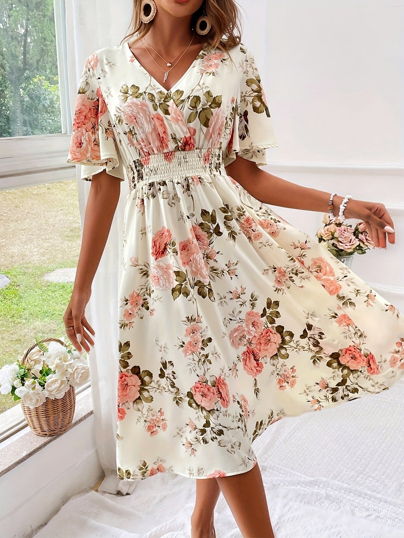 Women’s Floral Print Smocked Belted Dress – Elegant Summer Style