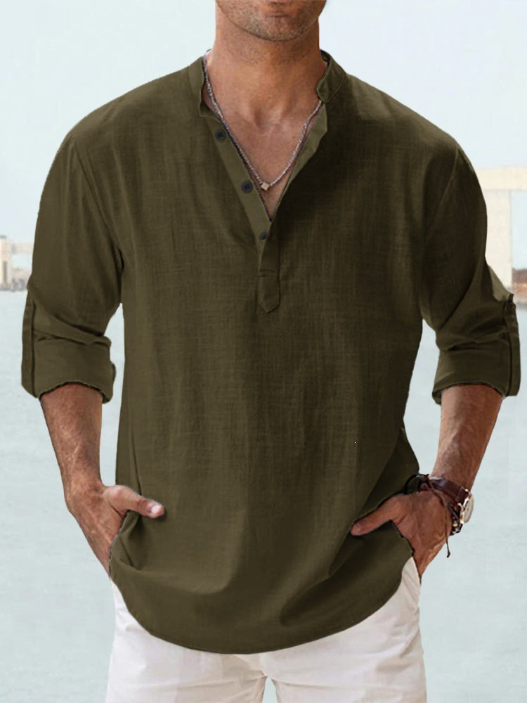 Men's Flax Collar Cotton/ Linen - Long Sleeve Shirt