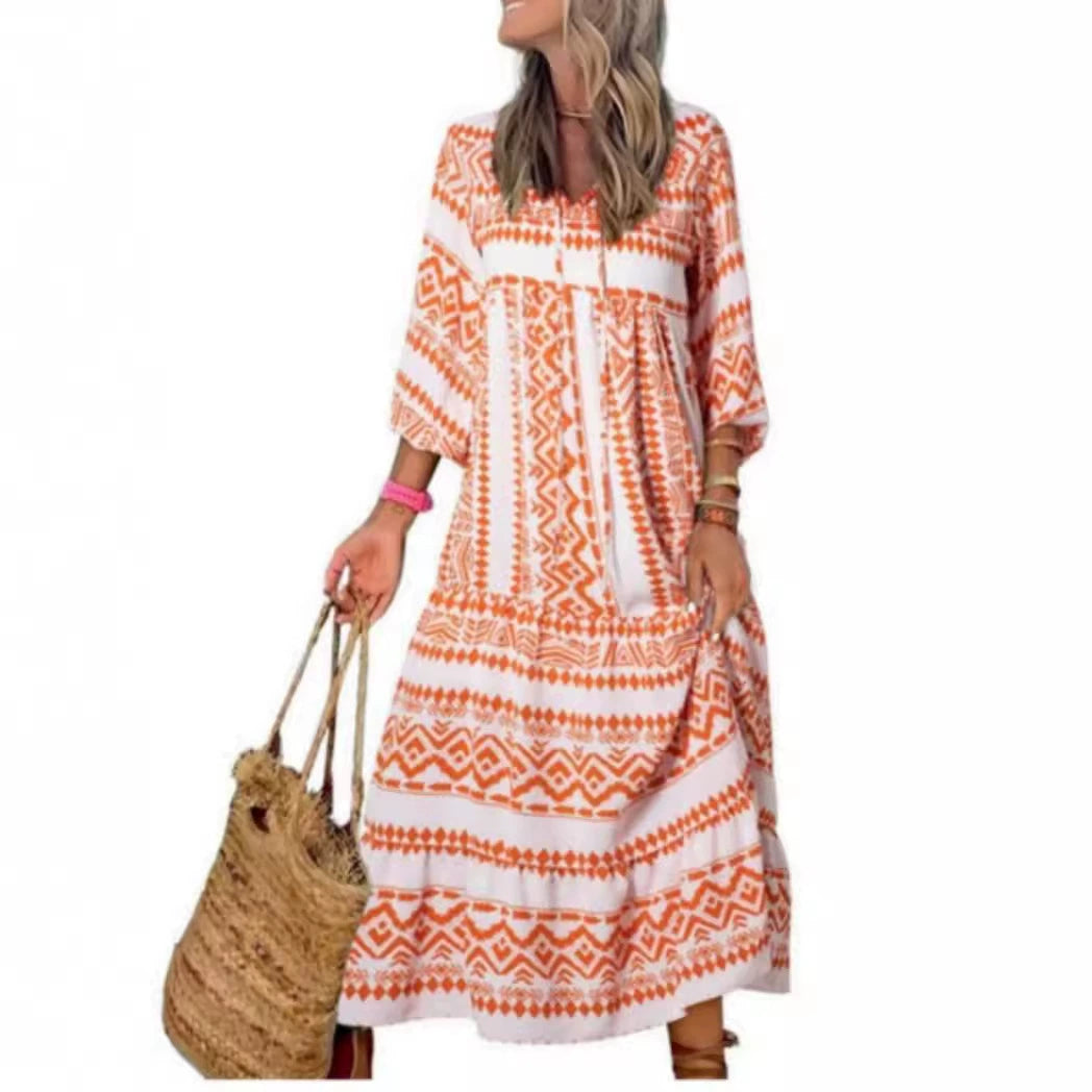 Women’s Vintage Printed Bohemian Maxi Dress – V-Neck Short Sleeve Summer Wear