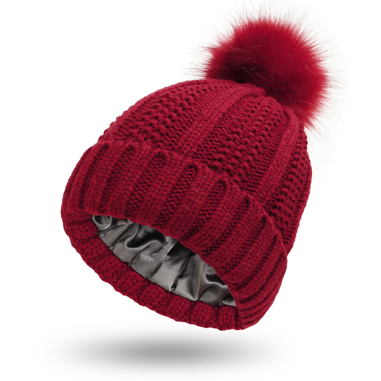 Women’s Winter Knitted Beanie Hat with Faux Fur Pom Pom – Warm Lined Stretch Fit