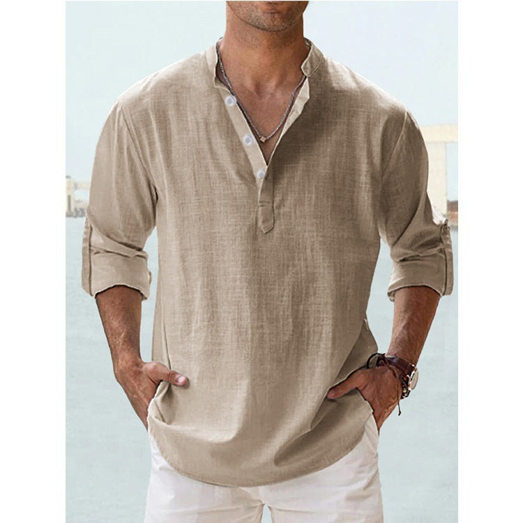 Men's Flax Collar Cotton/ Linen - Long Sleeve Shirt