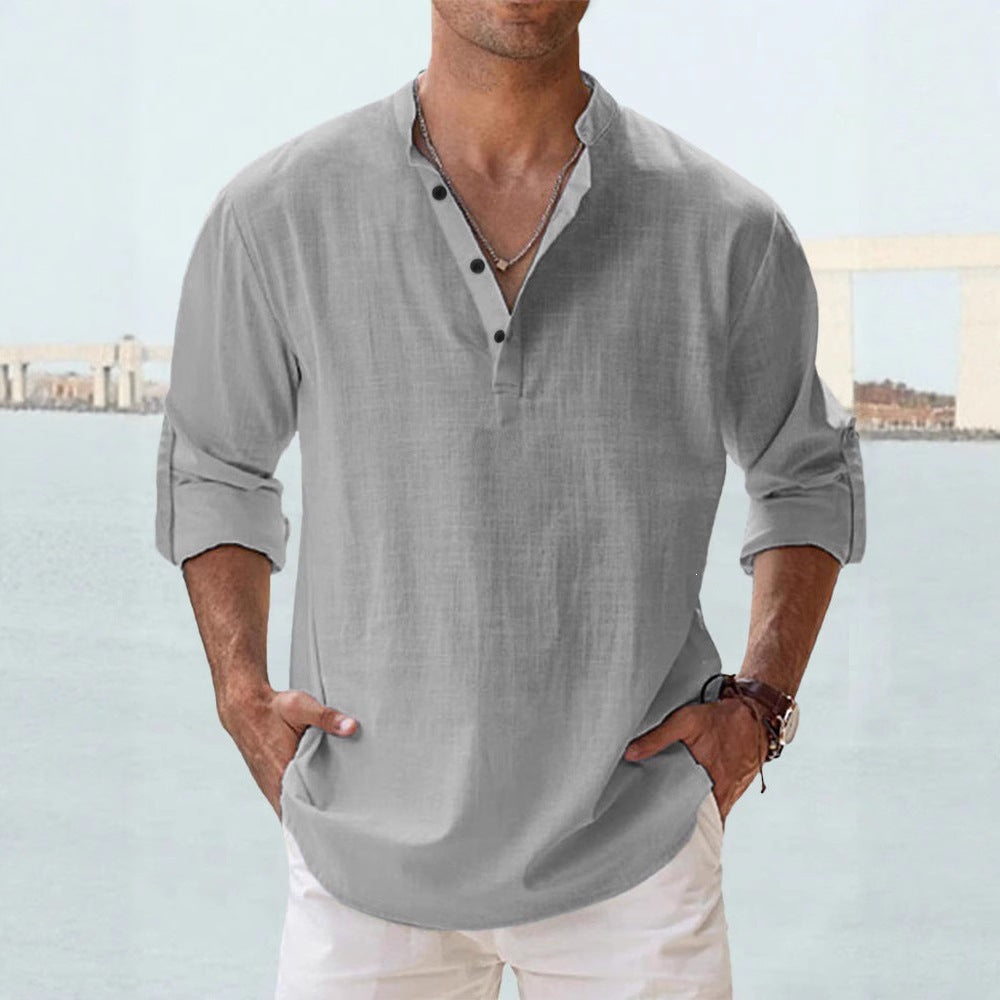 Men's Flax Collar Cotton/ Linen - Long Sleeve Shirt
