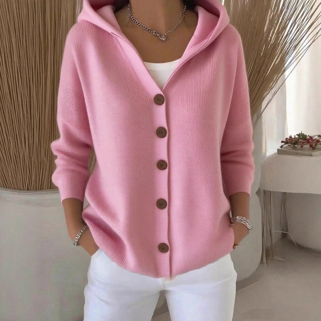 Women's Button-Front Knitted Hooded Cardigan