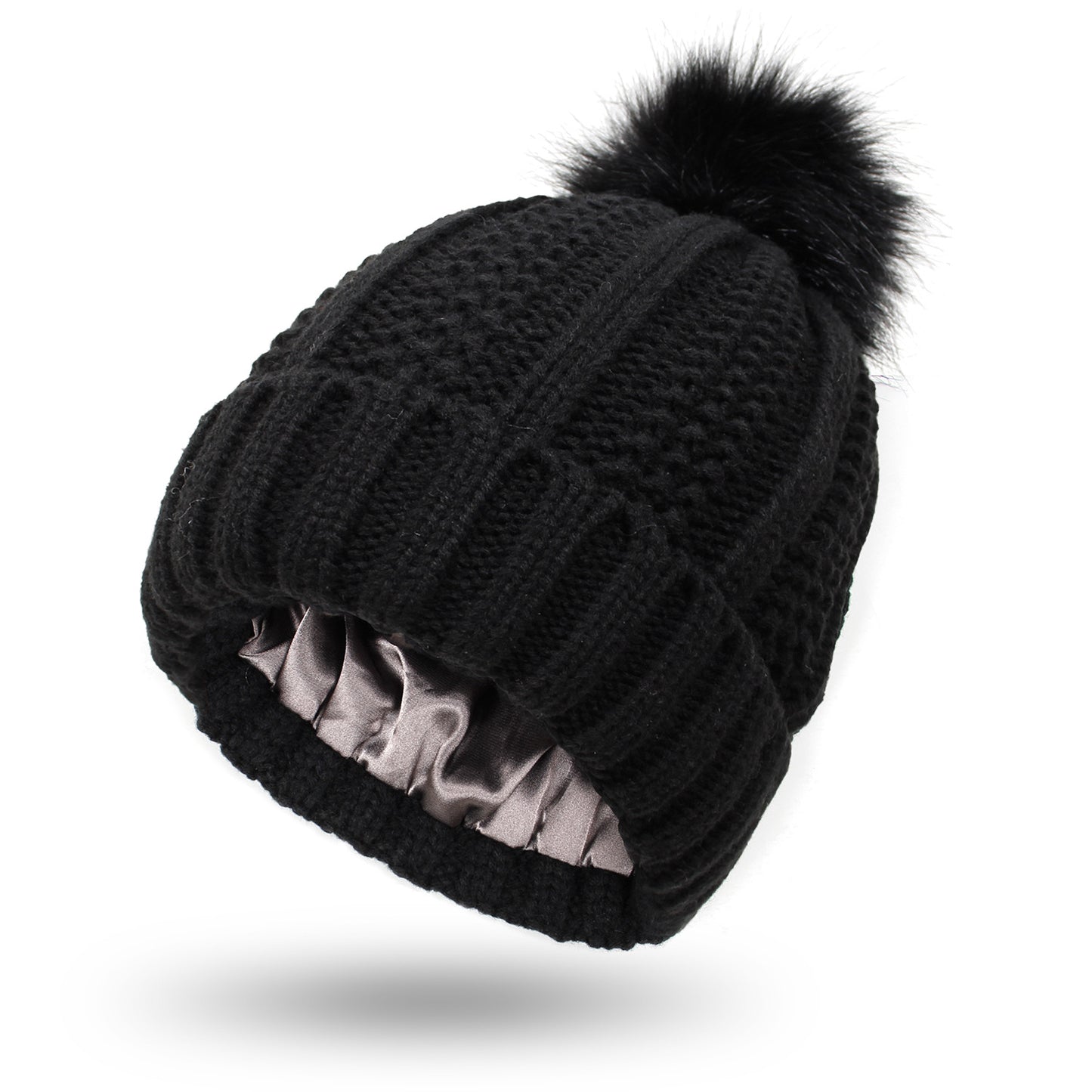 Women’s Winter Knitted Beanie Hat with Faux Fur Pom Pom – Warm Lined Stretch Fit