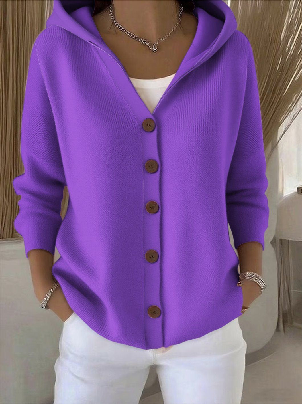 Women's Button-Front Knitted Hooded Cardigan