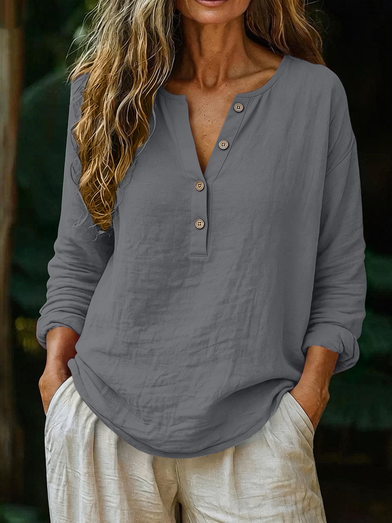 Women's Cotton Linen Casual Top  – Solid Color / V-Neck / Long Sleeve