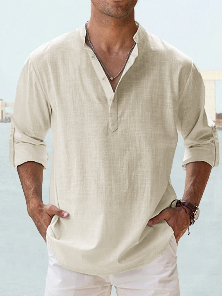 Men's Flax Collar Cotton/ Linen - Long Sleeve Shirt