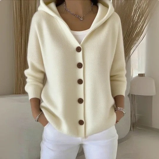 Women's Button-Front Knitted Hooded Cardigan