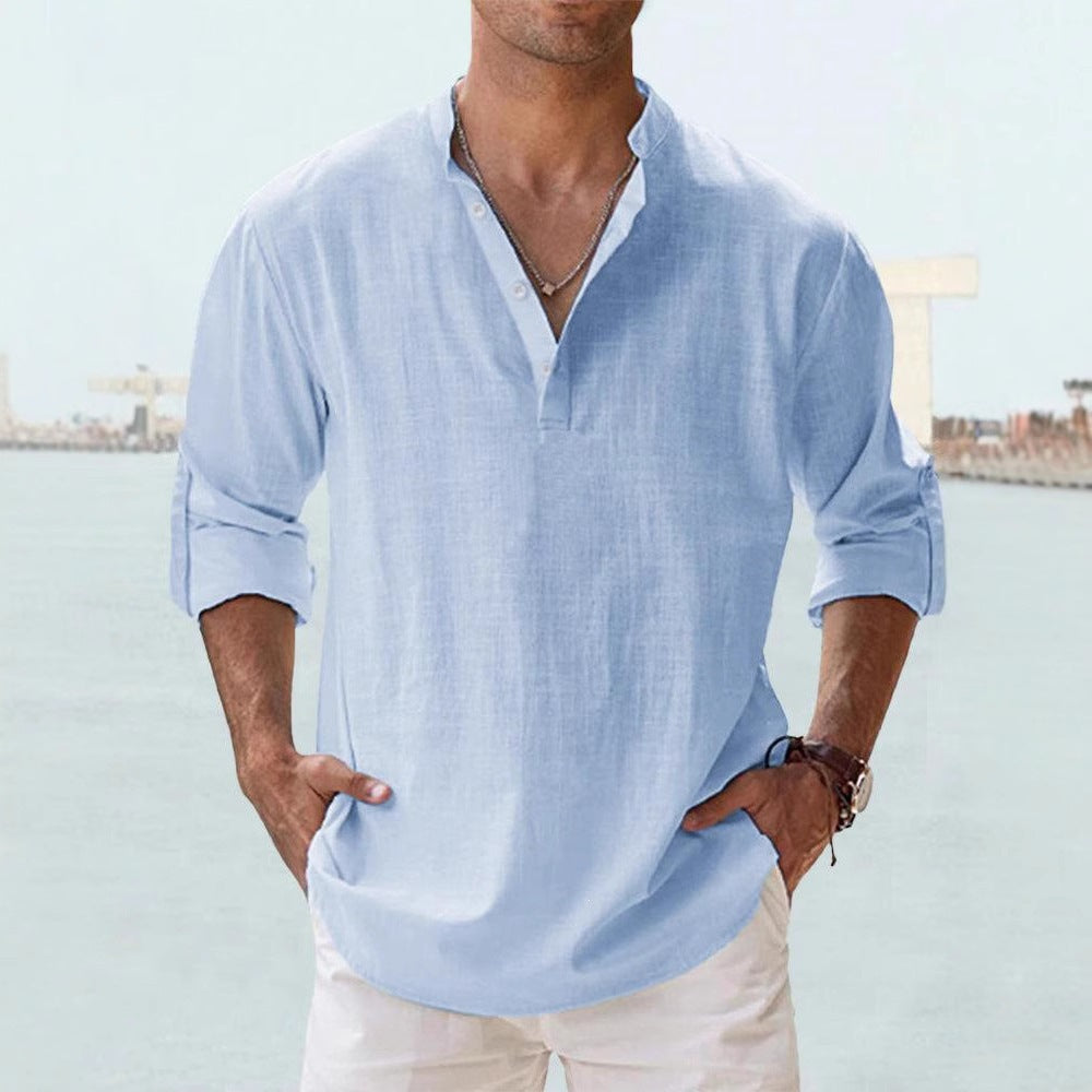Men's Flax Collar Cotton/ Linen - Long Sleeve Shirt