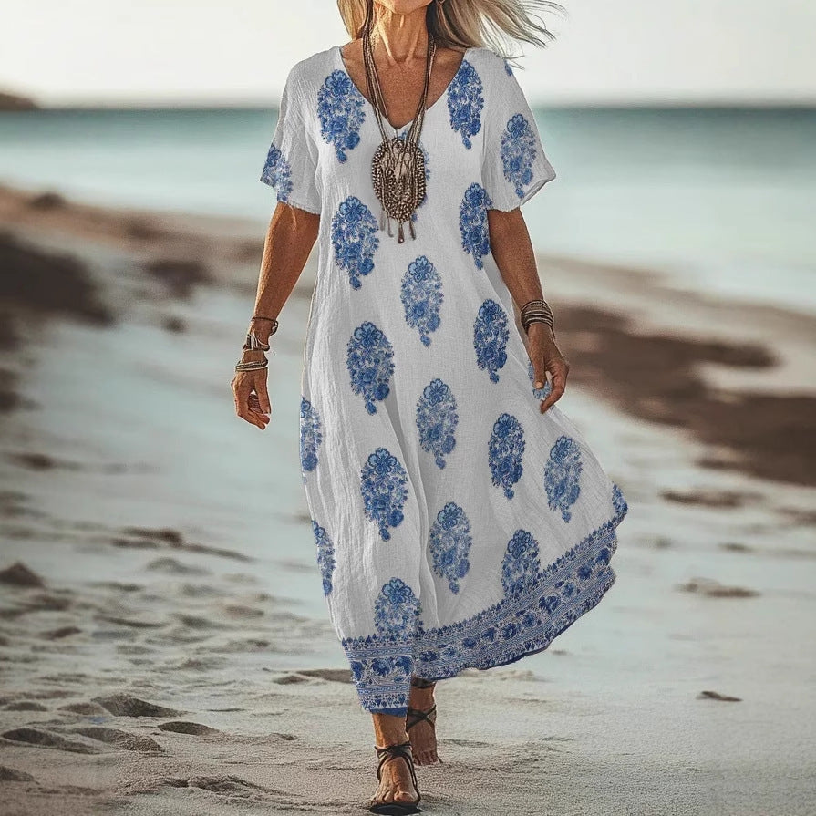 Women’s Floral V-Neck Dress – Creative Print Short Sleeve Style
