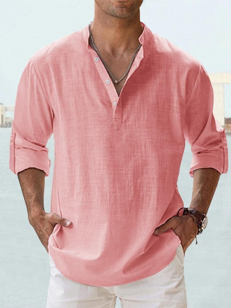 Men's Flax Collar Cotton/ Linen - Long Sleeve Shirt