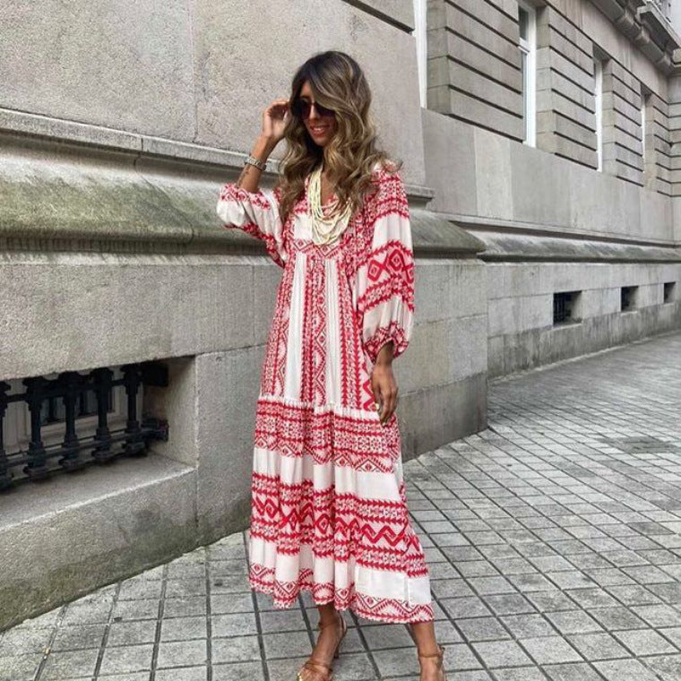 Women’s Vintage Printed Bohemian Maxi Dress – V-Neck Short Sleeve Summer Wear