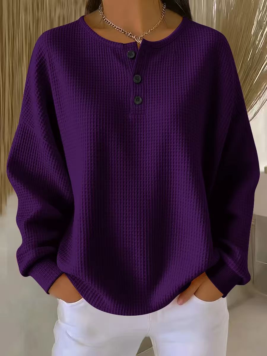 Women’s Waffle Knit Long-Sleeve Top – Solid Colour Button Round Neck Pullover