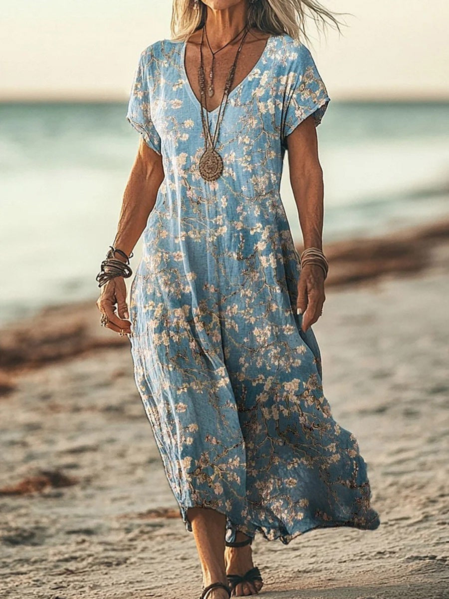 Women’s Floral V-Neck Dress – Creative Print Short Sleeve Style