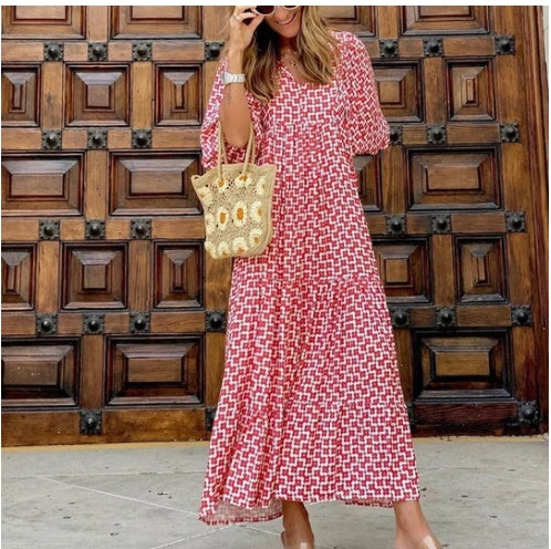 Women’s Vintage Printed Bohemian Maxi Dress – V-Neck Short Sleeve Summer Wear