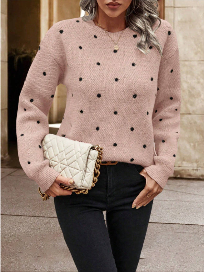 Women’s  Polka Dot Pullover Sweater – Casual Long-Sleeve Knitted Top