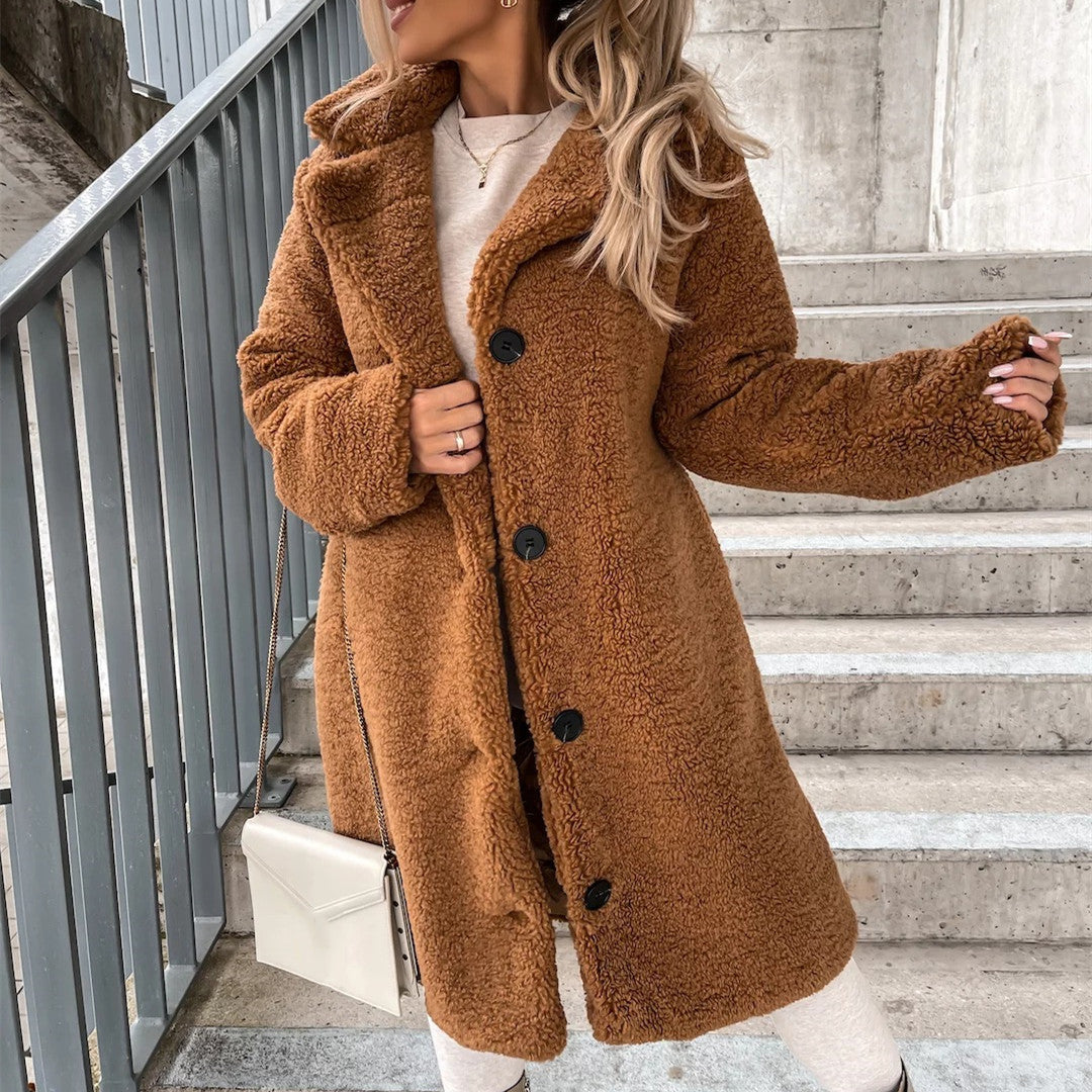 Women’s Winter Long-Sleeve Lapel Plush Jacket – Warm Cozy Outerwear