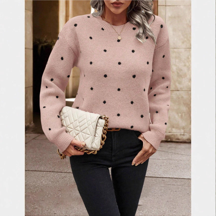 Women’s  Polka Dot Pullover Sweater – Casual Long-Sleeve Knitted Top