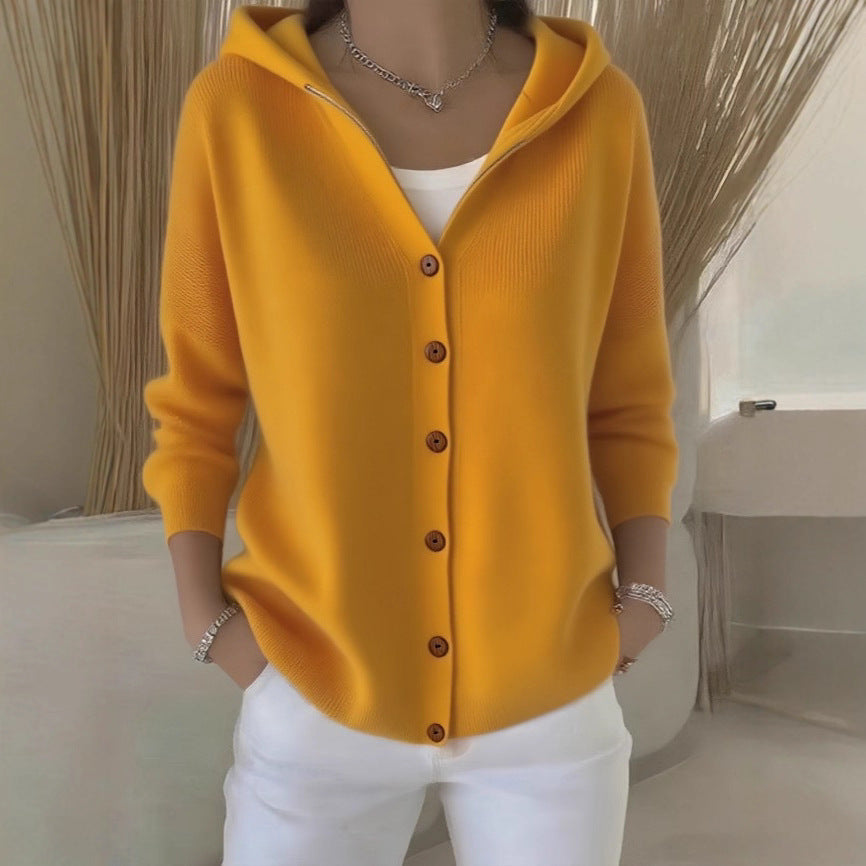 Women's Button-Front Knitted Hooded Cardigan