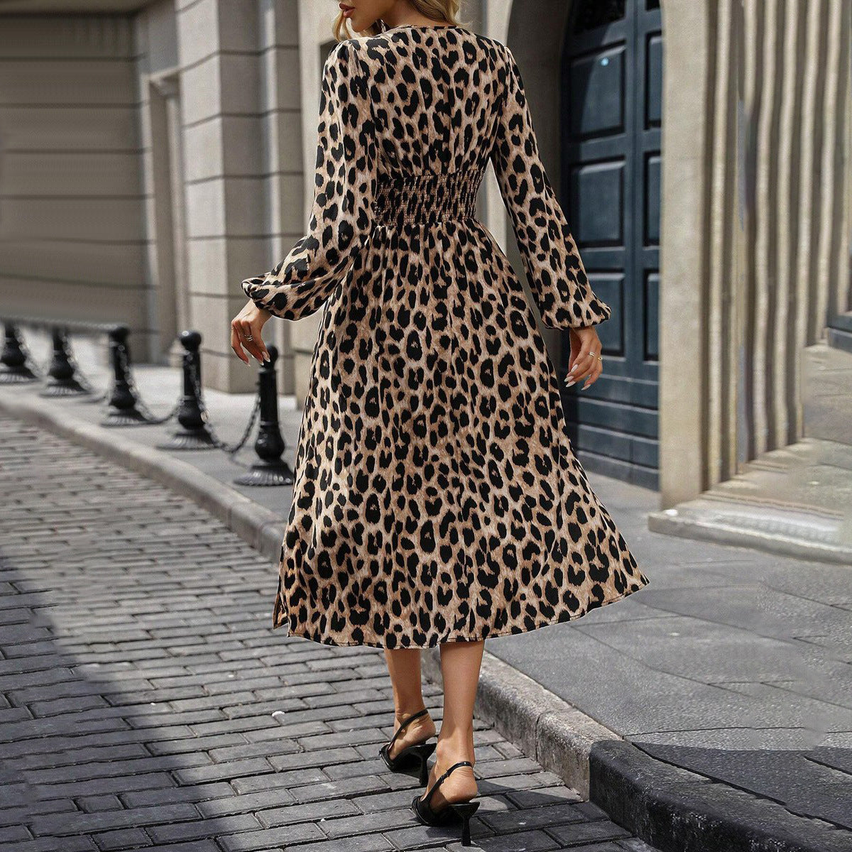 Women’s European & American Leopard Print Lantern Sleeve Maxi Dress