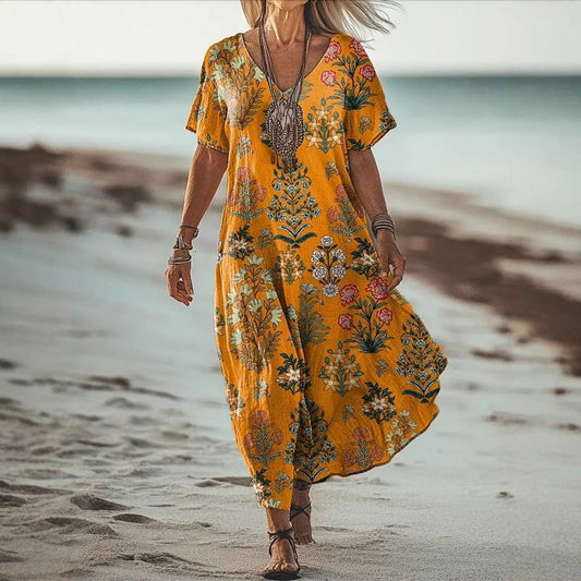 Women’s Floral V-Neck Dress – Creative Print Short Sleeve Style