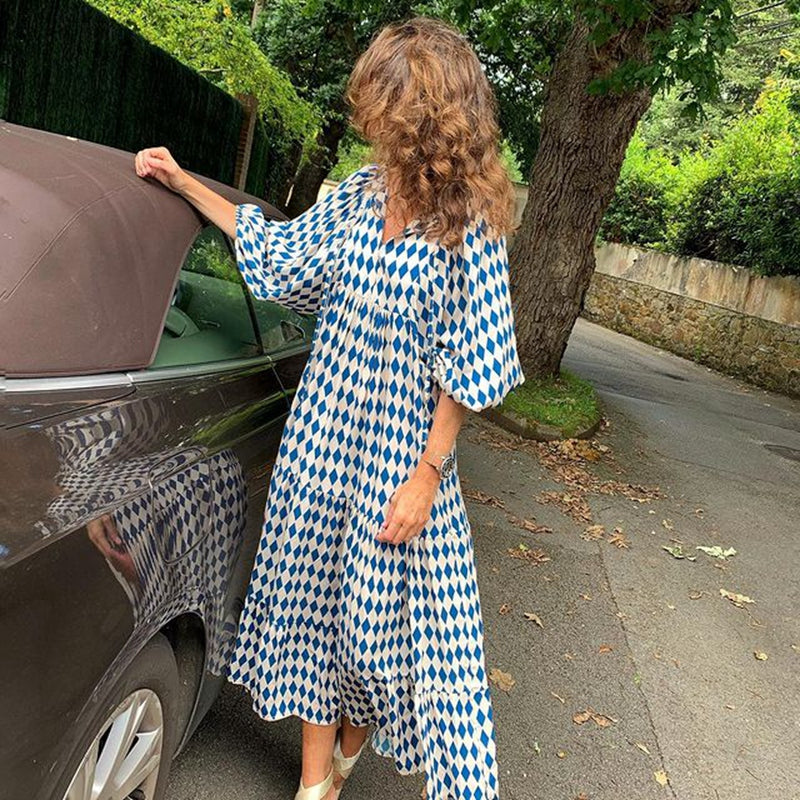 Women’s Vintage Printed Bohemian Maxi Dress – V-Neck Short Sleeve Summer Wear