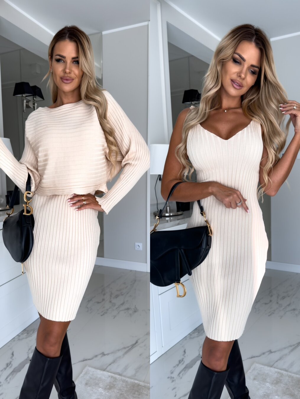 Women’s 2‑Piece Stripe Co‑ord Set – Long‑Sleeve Top & Slim Suspender Skirt