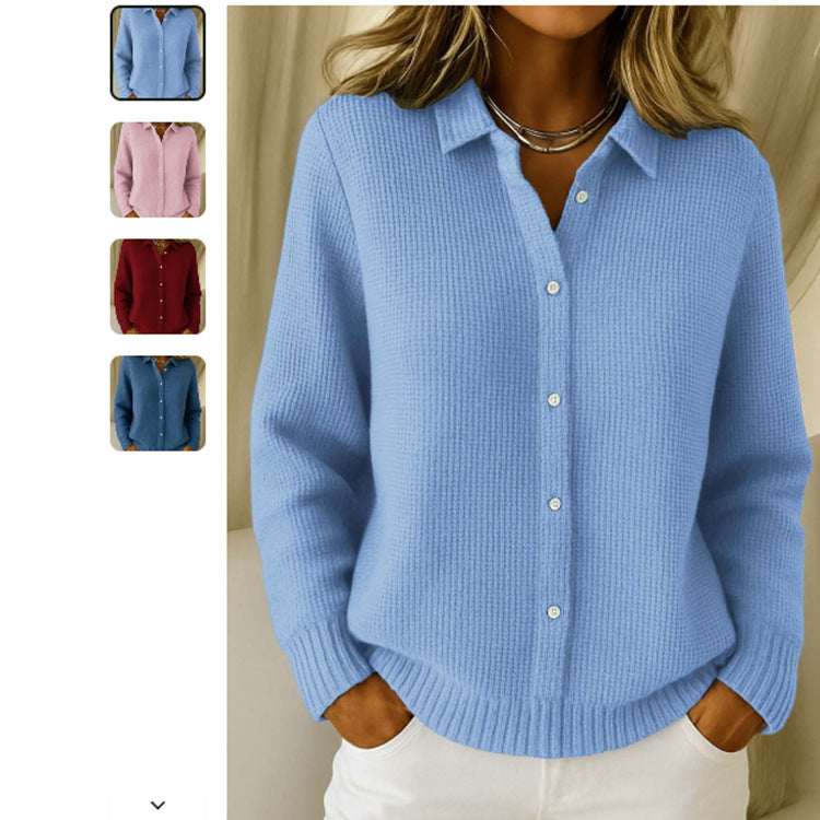 Women’s Casual Button-Up Knitted Lapel Sweater – Long Sleeve Winter Jumper