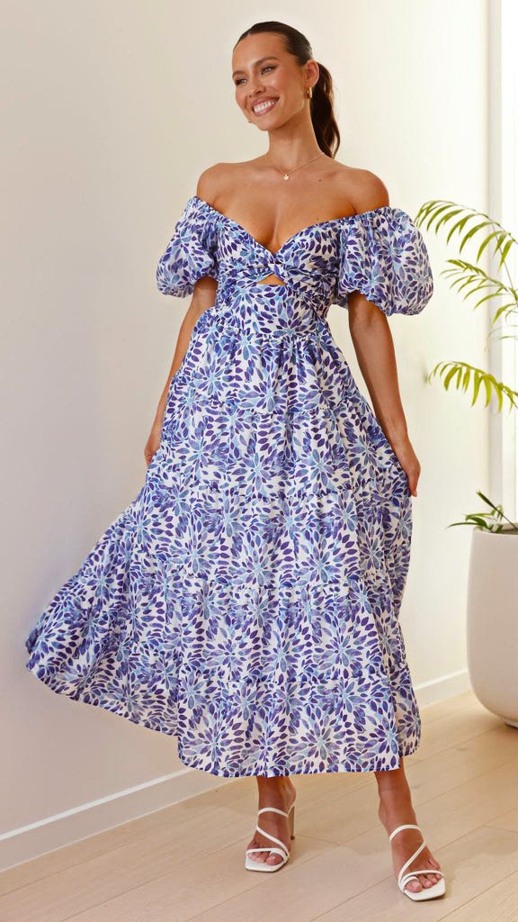 Women’s Elegant Floral Flared Dress with Puff Sleeves