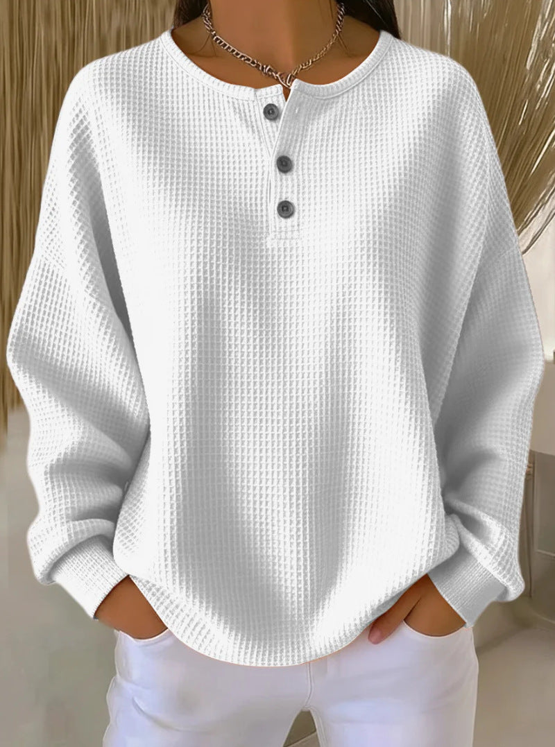 Women’s Waffle Knit Long-Sleeve Top – Solid Colour Button Round Neck Pullover