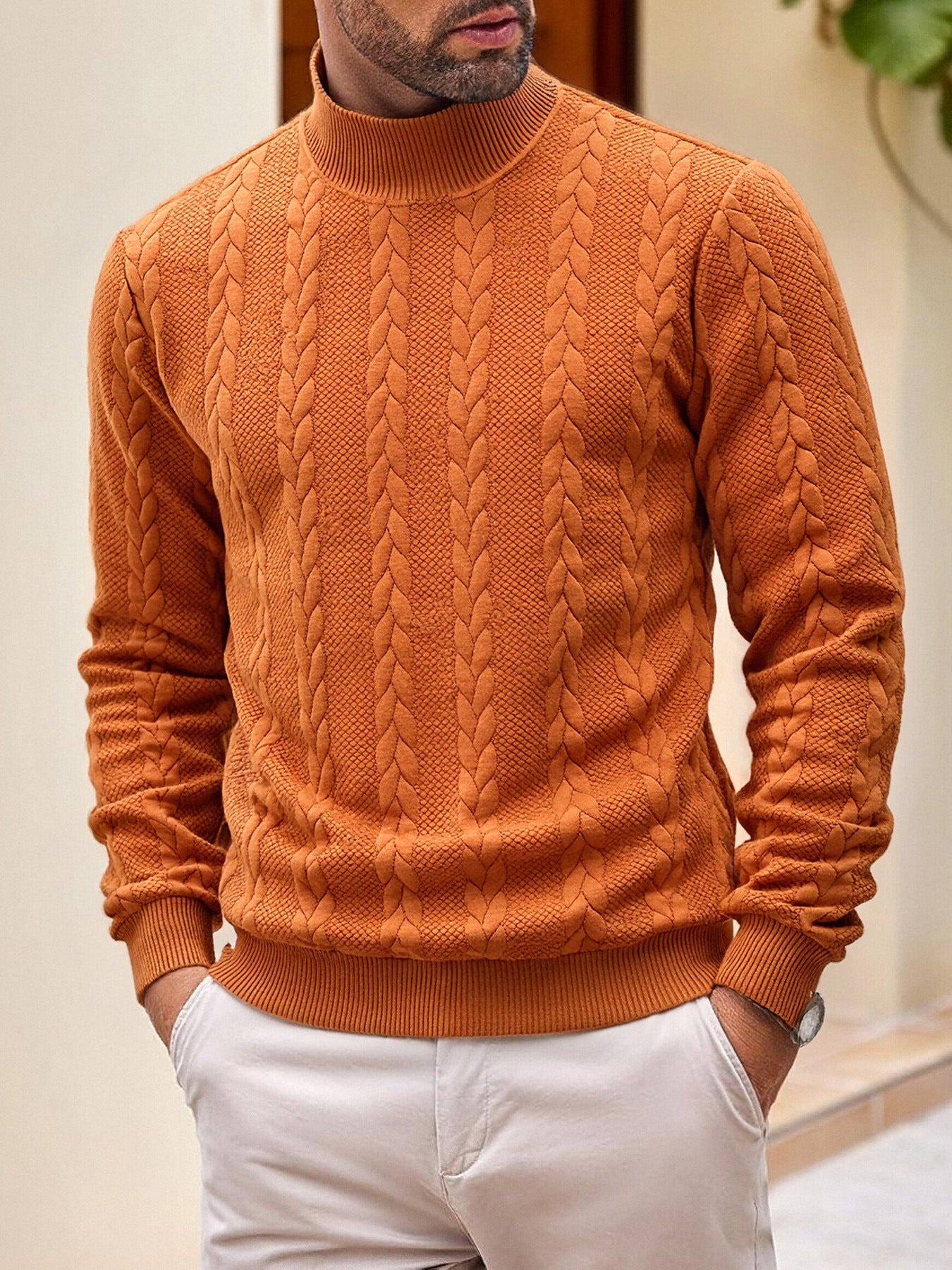 Men?s High-Neck Jacquard Knit Sweater