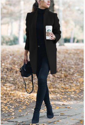 Autumn & Winter Solid Color Stand Collar Wool Blazer for Women – European & American Fashion