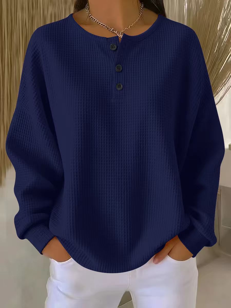 Women’s Waffle Knit Long-Sleeve Top – Solid Colour Button Round Neck Pullover