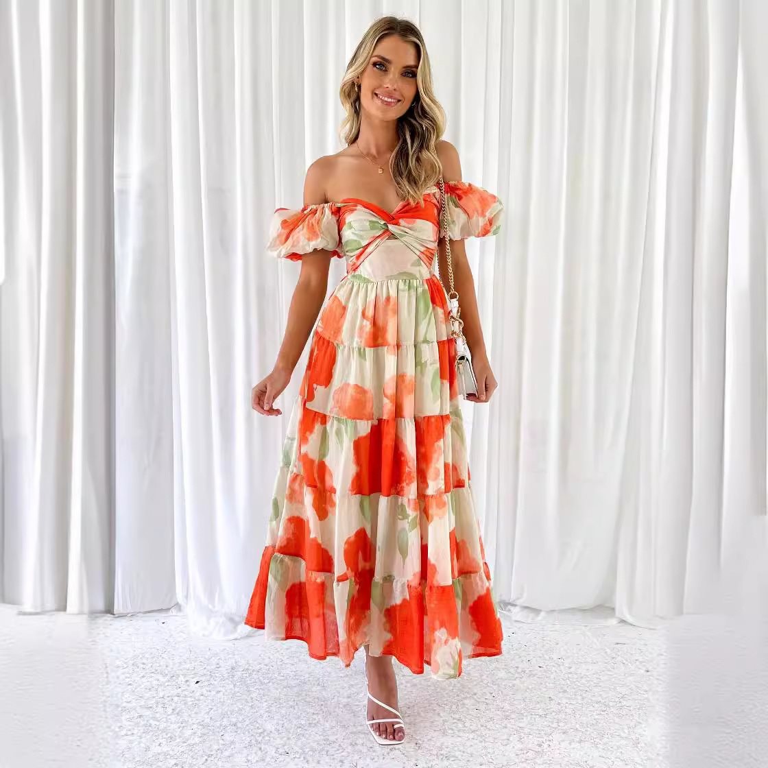 Women’s Elegant Floral Flared Dress with Puff Sleeves