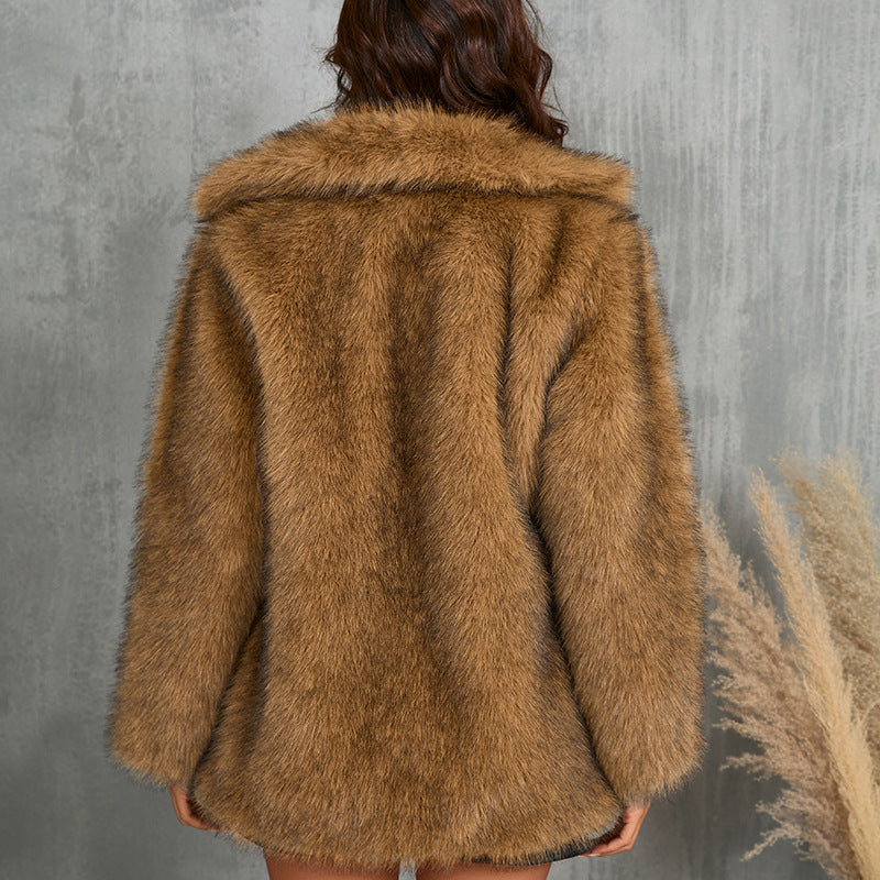 Winter Warm Lapel Long Fluffy Faux Fur Coat for Women – Loose Fit Long Sleeve Outerwear